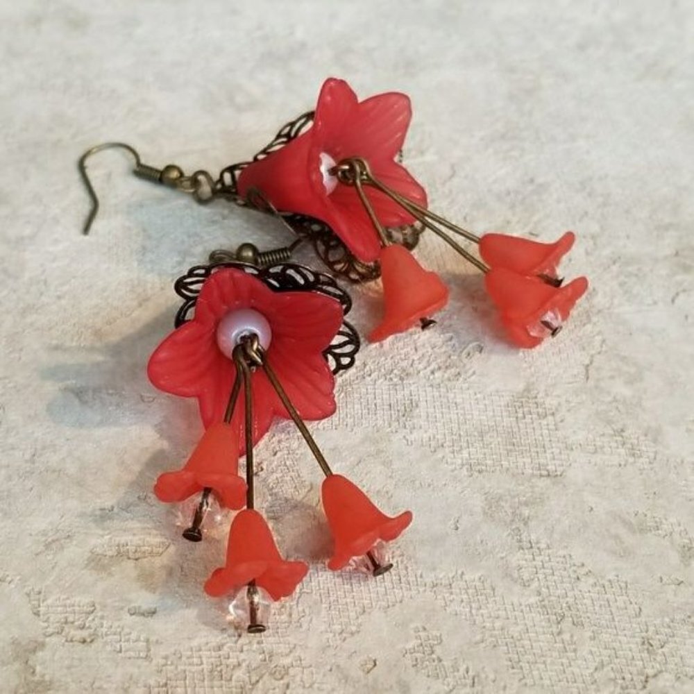 Steampunk Frosted Red Tulip Bronze Filigree Earrings